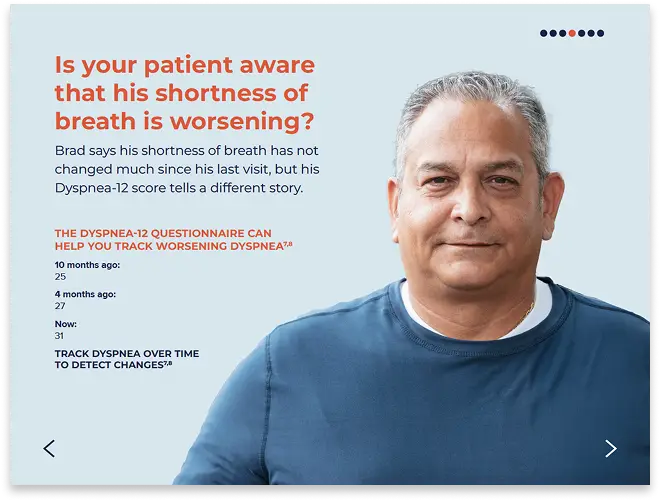 A middle-aged man with gray hair and a neutral expression stands before a light blue background. Text beside him highlights tracking worsening shortness of breath with the DYSPNEA-12 questionnaire for effective pharma marketing strategies.